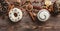 Assorted donuts on wooden background with copy space. Close view, flat lay