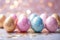 Assorted Easter eggs with golden flecks on a pink backdrop, shimmering with an air of luxury and celebration.