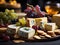 Assorted exotic cheeses with crackers and grapes
