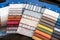 Assorted fabric swatches for interior decorating