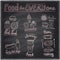 Assorted food and drinks graphic symbols chalkboard.