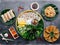 Assorted food Fried Prawn RollØŒ pork Belly With Fermented Fish platterØŒ Spring Roll, Mixed Sticky Rice noodle, salad served in