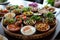 Assorted Food on Wooden Tray, A beautifully arranged Arabian mezze platter with various dips and sides, AI Generated