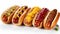 Assorted french hot dogs with various sauces on white background, perfect for text placement