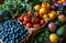 Assorted Fresh Fruits and Vegetables Displayed on a Table. A colorful array of fresh fruits and vegetables beautifully arranged on