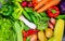 Assorted fresh ripe fruit red yellow purple and green vegetables mixed selection various , top view - vegetables and fruits