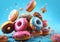 Assorted fresh tasty donuts with glaze and sprinkles and blue background.Macro.AI Generative