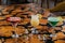 Assorted fruit juice of apple, strawberry, watermelon, passion fruit, mango, orange served in glass isolated on table side view of