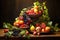 Assorted fruits on a wooden table on a black background