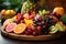 Assorted fruits on a wooden table on a black background