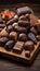 Assorted Gourmet Chocolates Displayed on Rustic Wooden Table Background