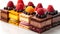 Assorted gourmet dessert pastries with vibrant berries. perfect for menus and confectionery ads. elegance in sweet