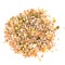 Assorted grains and pulses mix on white background, heap, top view. Winter food includes split peas, red and yellow