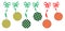 Assorted green, gold and red Christmas ornaments hang from ribbons and bows