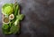 Assorted green toned raw organic vegetables in wooden box on dark background. Avocado, cabbage, cauliflower and cucumber with