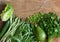 Assorted green vegetables beans, peas, arugula, cucumbers, avocados