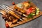 Assorted grilled meat: lula kebab, shish kebab, chicken wings