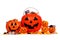 Assorted Halloween Jack o Lantern candy pails isolated on white