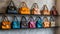 Assorted hand bags on a shelf