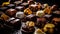 Assorted handmade chocolates, box of candies, bon-bons and truffles made of dark, white and milk chocolate. Delicious dessert