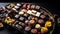 Assorted handmade chocolates, box of candies, bon-bons and truffles made of dark, white and milk chocolate. Delicious dessert