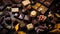 Assorted handmade chocolates, box of candies, bon-bons and truffles made of dark, white and milk chocolate. Delicious dessert