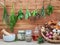 Assorted hanging herbs ,parsley ,oregano,sage,rosemary,sweet basil,dill,spring onion and set up with dry and fresh thyme ,bay l