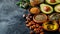 Assorted healthy fats with avocado, nuts, seeds, and olive oil on wooden background with copy space.