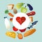 Assorted healthy food and heart cardiogram icons image