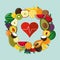 Assorted healthy food and heart cardiogram icons image