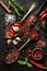 Assorted herbs and spices displayed in spoons, close up for culinary inspiration