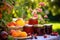 assorted homemade jams with garden fruit in background