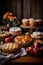 assorted homemade thanksgiving pies on a wooden table