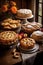 assorted homemade thanksgiving pies on a wooden table