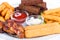 Assorted hot snacks. Chicken nuggets, roasted cheese, croutons,