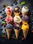 Assorted ice cream cones with flavors of blueberry, strawberry, pistachio, almond, orange, and cherry on a dark stone background,