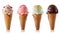 Assorted ice cream scoops in waffle cones, isolated on white background. created with Generative AI