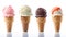 Assorted ice cream scoops in waffle cones, isolated on white background. created with Generative AI