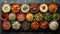 Assorted Indian food in bowl or plate includes Chicken Tikka Masala, Dal Makhana, Palak Paneer, Chickpea, Dry Fruits, Vegetables,