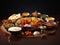 Assorted indian food on dark wooden background. Dishes and appetizers of indian cuisine. Curry, butter chicken, rice, lentils,