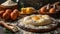 Assorted ingredients such as flour, cheese, butter, yeast and eggs, laid out for preparing khachapuri, a traditional Georgian