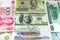 Assorted international paper money close up