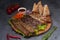 Assorted lula kebab: pork, lamb, chicken on a wooden board