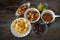 Assorted Malay dishes served on the table. Staple menu for lunch and dinner in Malaysia