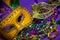 Assorted Mardi Gras or Carnivale mask on a purple background