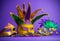 Assorted Mardi Gras or Carnivale mask on a purple background