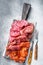 Assorted meat appetizers - salami, jamon, choriso sausages. White background. Top view