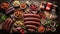 assorted meat sausages and grilled sausages. Assortment on a wooden board. Hearty calorie food.