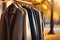 Assorted mens suit jackets on clothes rack in urban city street