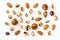 Assorted mixed nuts pattern isolated. Top view